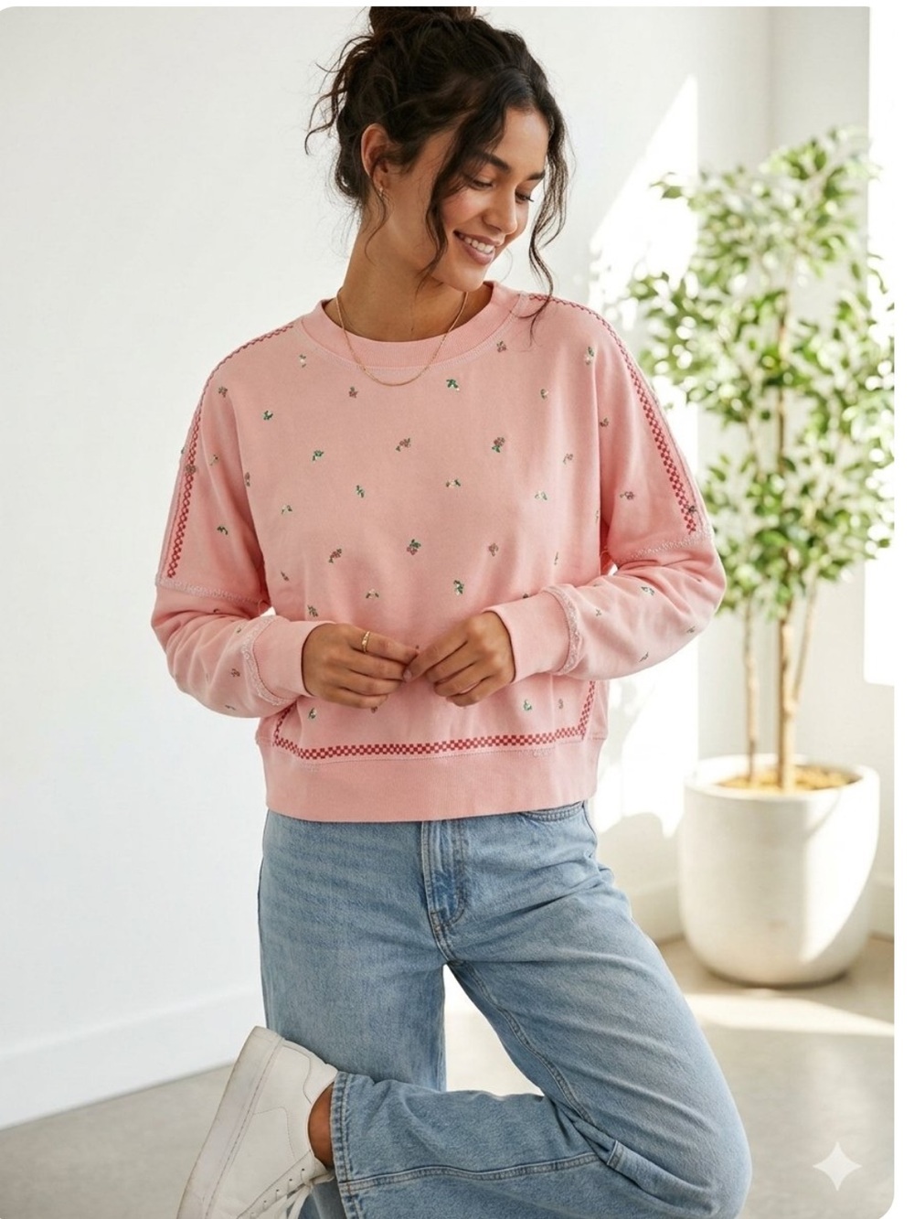 Something Navy peach floral embroidered crewneck relaxed sweatshirt size XS new